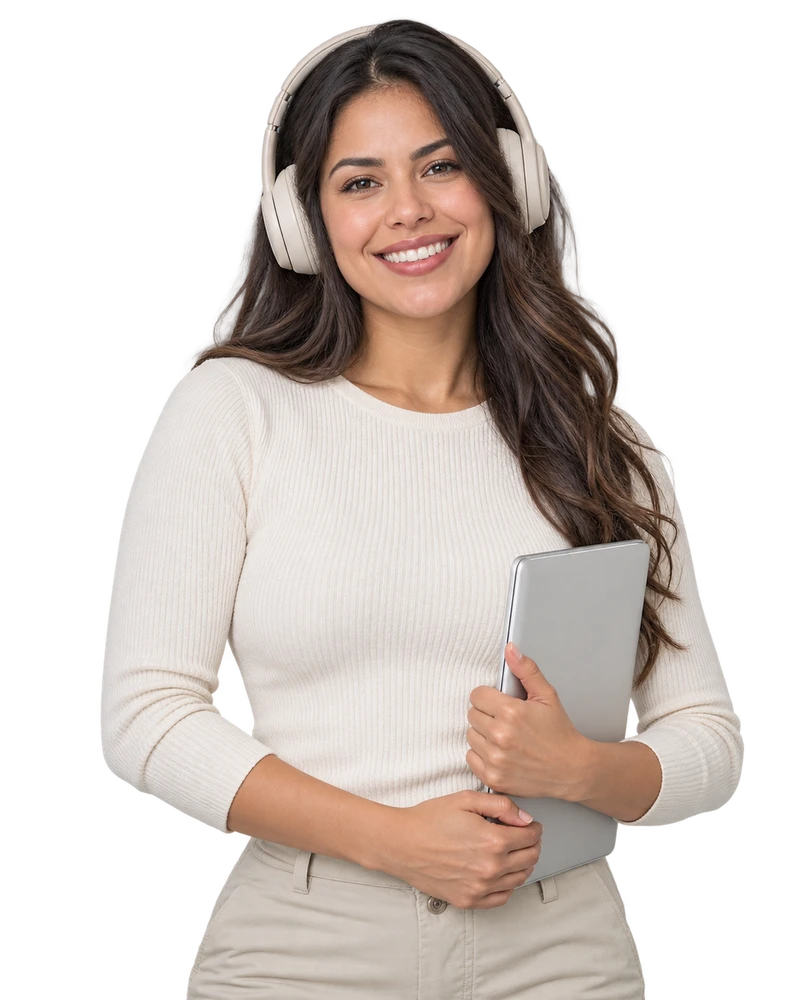 Mujer adulta con audífonos y laptop